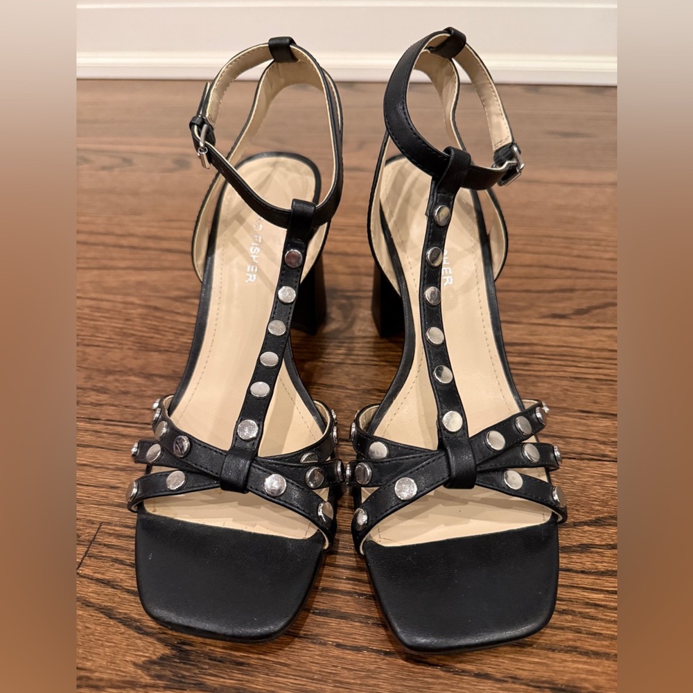 Marc Fisher Black and Silver Strappy Open-Toe Studded Heels Size 8.5